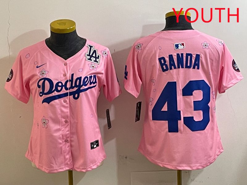 Youth Los Angeles Dodgers #43 Banda Pink White Blue Sakura Edition 2025 Nike MLB Jersey style 9
